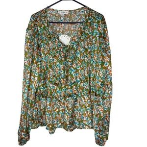 Umgee Womens Pleated Peplum Blouse 2X Floral Metallic Whimsical Flowy‎ Peasant